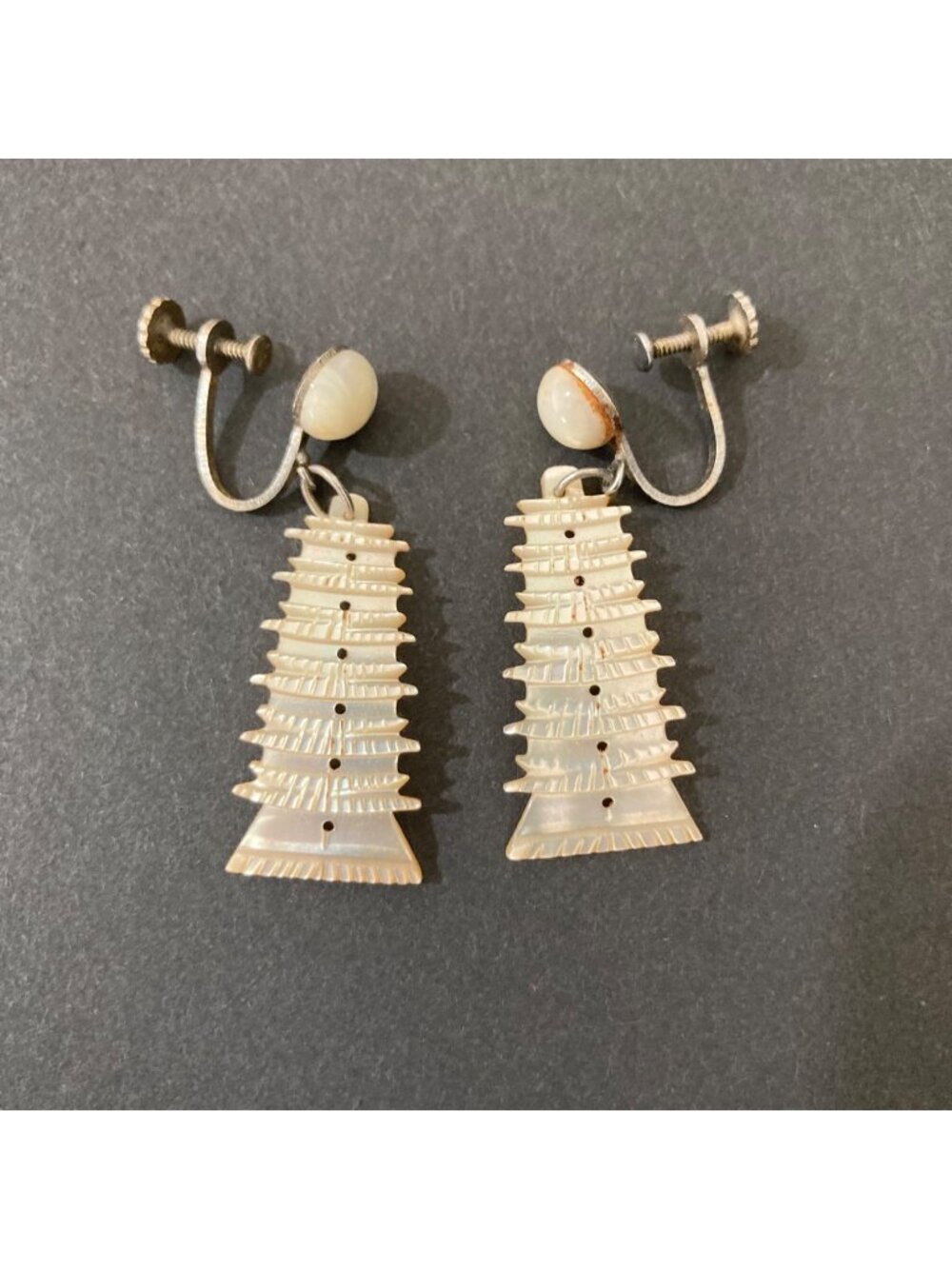 Vintage 1940s Screw Back Pagoda Earrings Made From Carved Mother-Of-Pearl